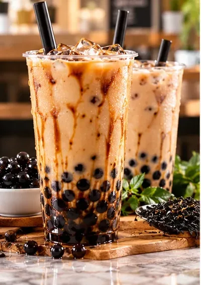 Copo de bubble tea com pérolas pretas (imagem ilustrativa)