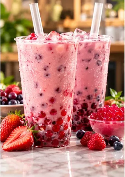 Copo de bubble tea com pérolas de frutas vermelhas (imagem ilustrativa)