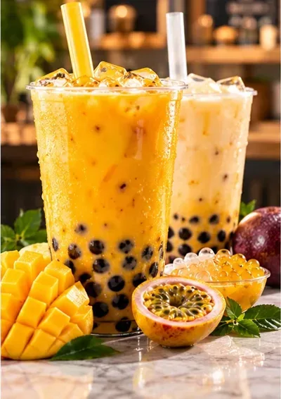 Copo de bubble tea de manga e maracujá (imagem ilustrativa)