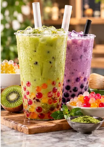 Copo de bubble tea verde e roxo com pérolas coloridas (imagem ilustrativa)