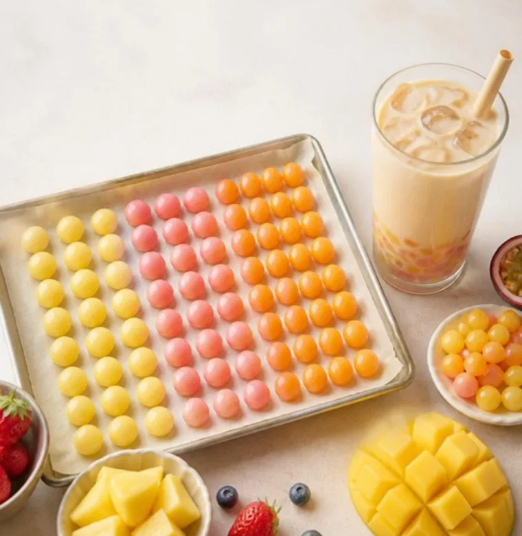 Bandeja com massa de fruta modelada em bolinhas ao lado de um copo de bubble tea (imagem ilustrativa)