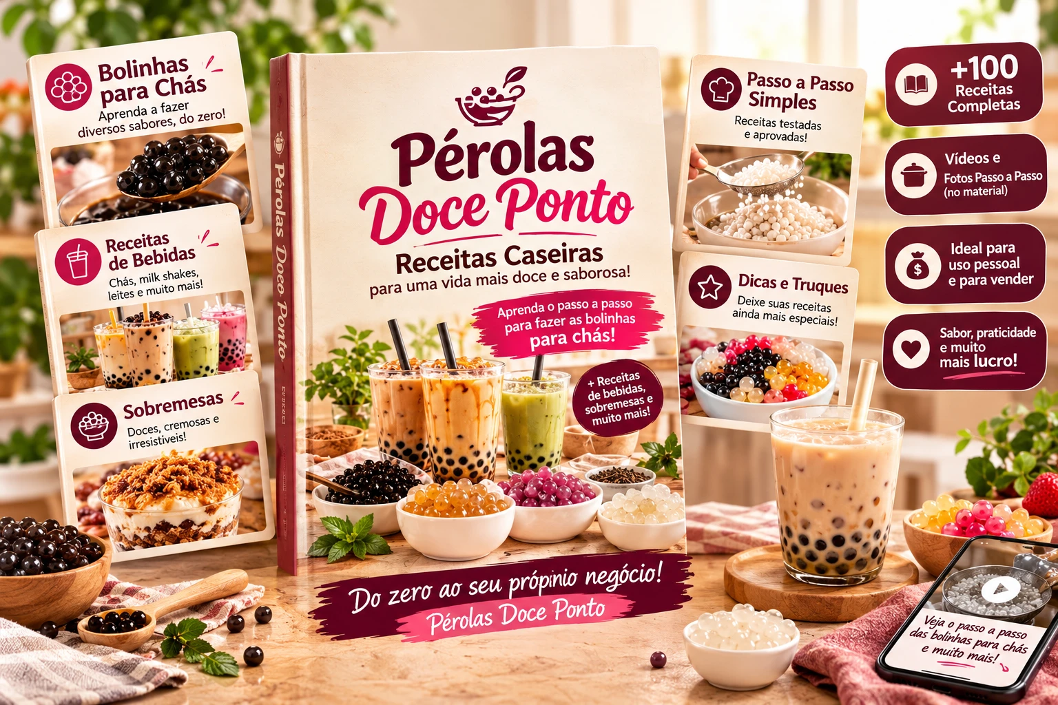 Material Pérolas Doce Ponto com +100 receitas caseiras: bolinhas para chás, bebidas, sobremesas, passo a passo simples, dicas e truques, com fotos e vídeos (mockup)