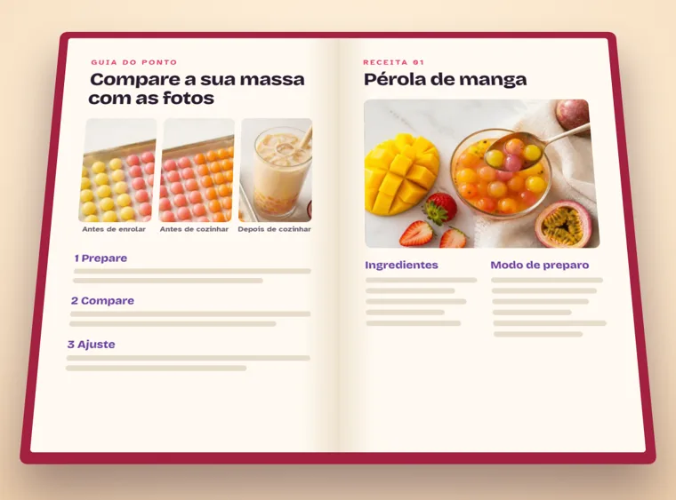 Livro aberto com o Guia do Ponto em fotos e uma receita (mockup)
