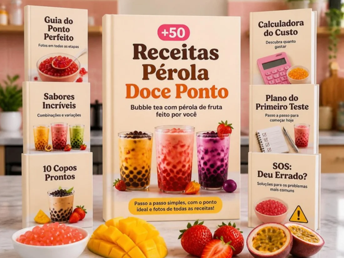 Livro Pérola Doce Ponto e os livros de bônus: Guia do Ponto, 10 Copos Prontos, SOS, Calculadora do Custo e Plano do Primeiro Teste (mockup)