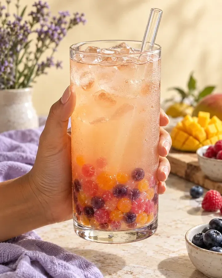 Mão segurando um copo de bubble tea gelado com pérolas de fruta coloridas