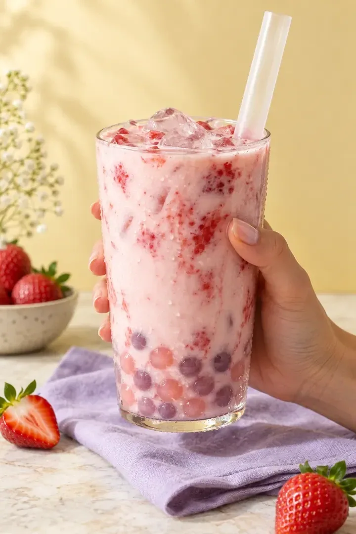 Bubble tea de morango com pérolas de fruta