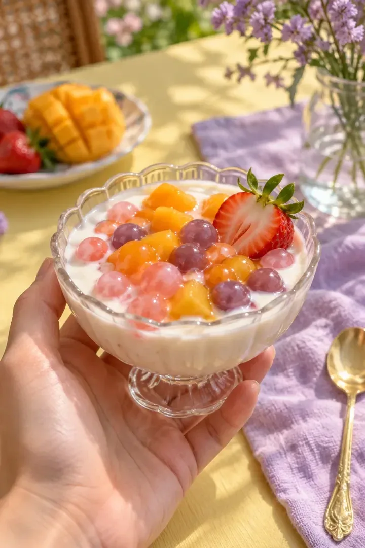Taça de sobremesa com pérolas de fruta e frutas frescas